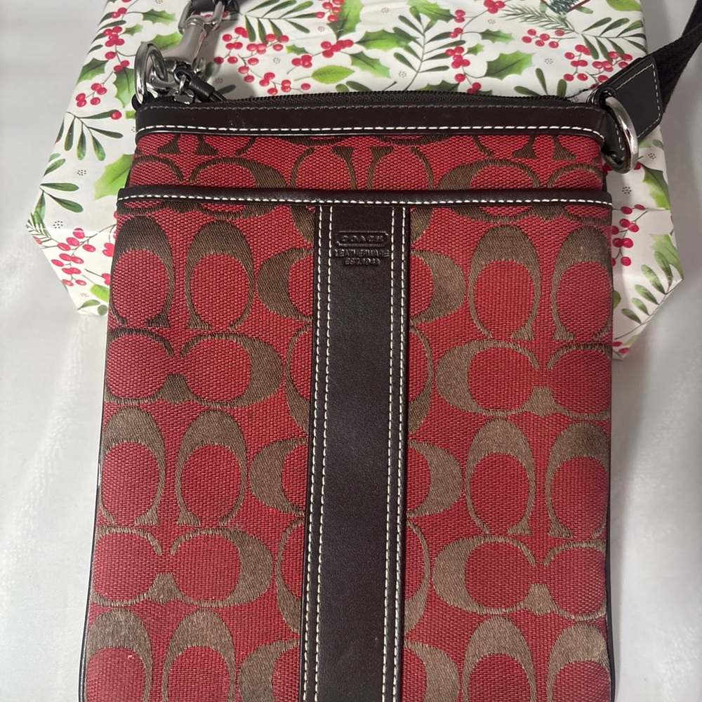Coach Signature Red and Brown Crossbody Bag | Comfortable Strap |